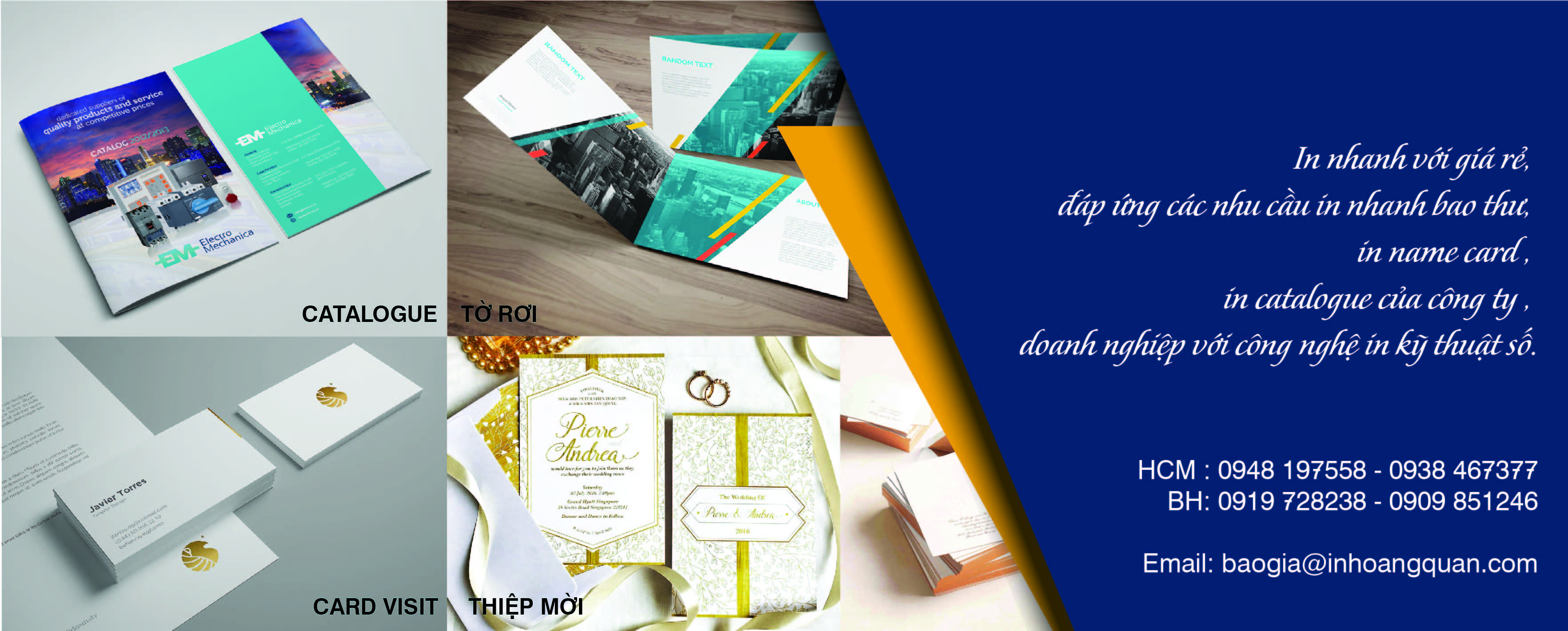 Ảnh các ấn phẩm đã in: catalogue, card visit, thiệp mời kèm thông tin liên hệ