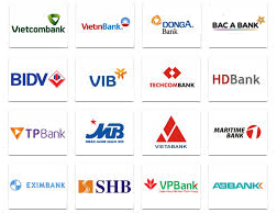 Logo các ngân hàng chấp nhận thanh toán: Vietcombank, VietinBank, DongA Bank, Bac A Bank, BIDV, VIB, Techcombank, HDBank, TPBank, MB, Vietbank, Maritime Bank, Eximbank, SHB, VPBank, ABBANK